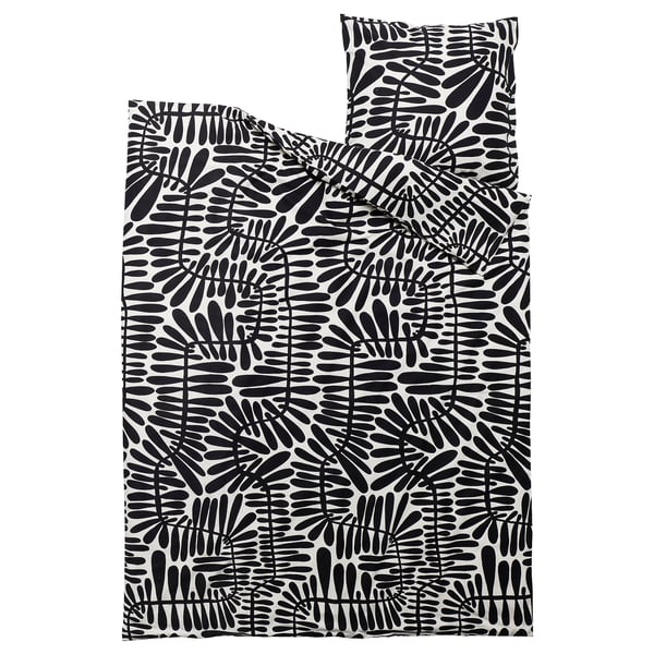 Ensemble de couette MAJSMOTT, blanc cassé avec imprimé feuilles noires, coton/viscose, rectangulaire avec fermeture enveloppe.