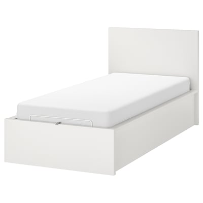 Lit MALM blanc avec rangement. Design minimaliste, tête de lit haute, sommier à lattes. Idéal pour gagner de la place.