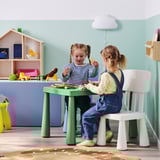 Deux filles jouant avec des jouets à une table verte pour enfants.