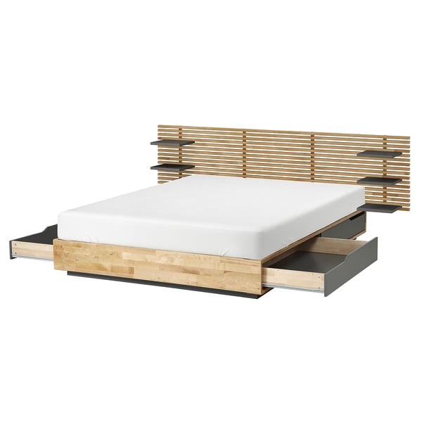 MANDAL Structure lit avec tête de lit, bouleau/gris, 140x200 cm