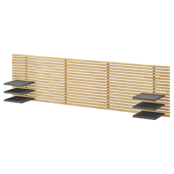 Tête de lit en bois nommée MANDAL avec 4 étagères grises pour un rangement minimaliste.