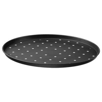 Plaque à pizza ronde noire avec trous perforés, revêtement antiadhésif. Fabriqué en acier galvanisé, idéal pour cuire ou réchauffer uniformément la pizza.