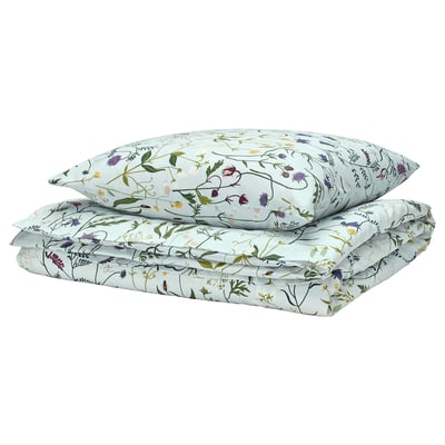 MATTOXBÄR Housse de couette et 1 taie, bleu pâle/motif floral, 150x200/65x65 cm