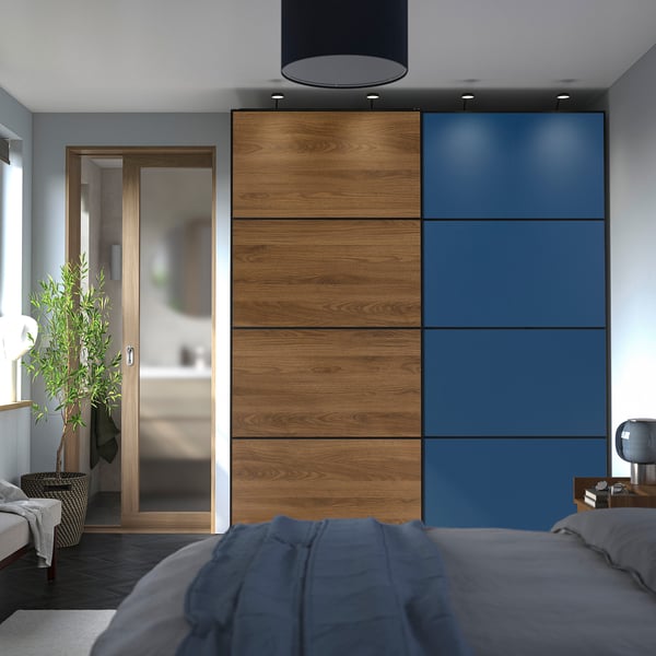 MEHAMN 4 panneaux pour porte coulissante, motif noyer/bleu, 100x236 cm
