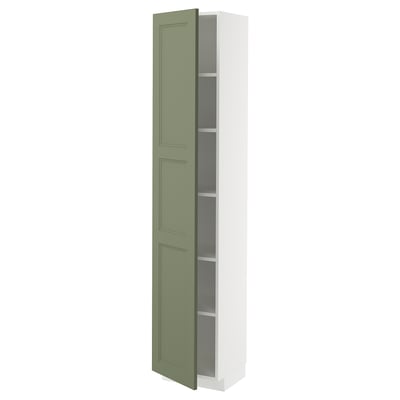 Armoire de cuisine haute METOD, étagères gris-vert, blanches, étagères réglables.