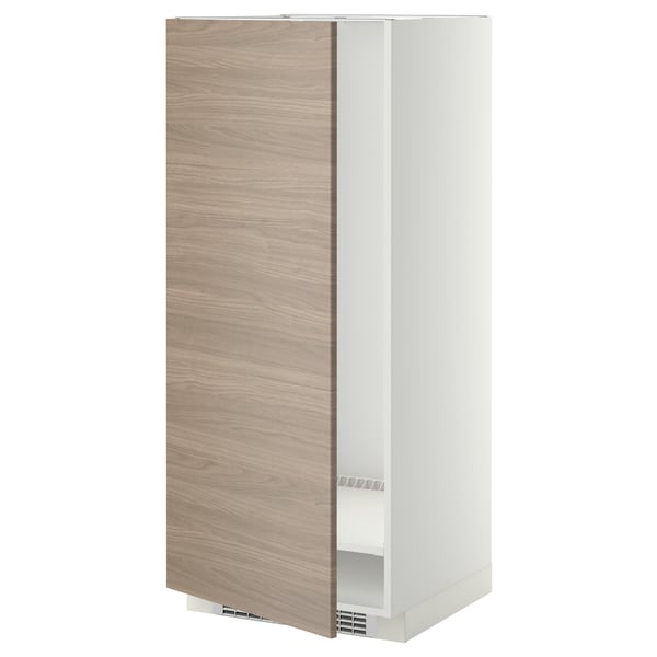 Unité de cuisine moderne METOD avec porte en bois clair, cadre blanc, accents en acier inoxydable, grand rangement.