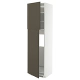 Armoire moderne brun foncé et blanche avec étagères réglables. Modèle mural haut et mince avec un look épuré et minimaliste.