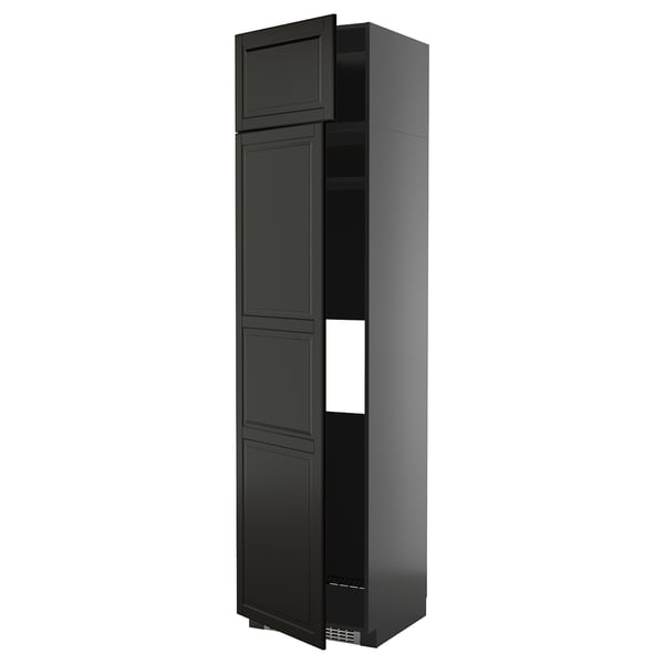 Armoire haute METOD noire avec portes biseautées, quatre étagères, design moderne et élégant.