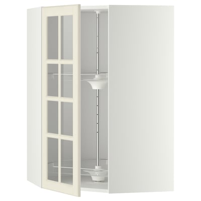 Un meuble de cuisine METOD blanc avec des portes vitrées, des étagères réglables et un carrousel. Il a un design classique avec une forme rectangulaire robuste.