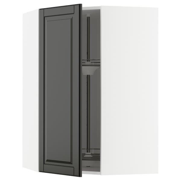 Armoire de cuisine noire METOD avec étagère en verre et porte réglable.