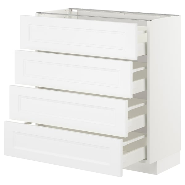 Unité de cuisine METOD blanche avec quatre tiroirs coulissants, design minimaliste moderne, robuste et facile à utiliser.