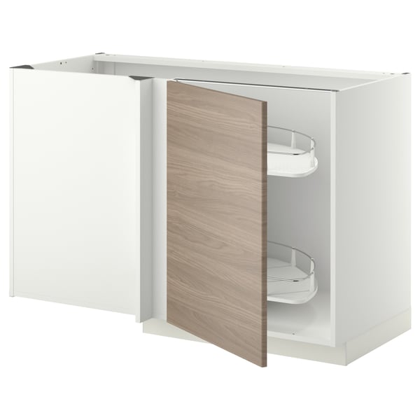 Armoire de cuisine moderne, blanche et marron clair, finition en bois, en forme de L avec étagères coulissantes.