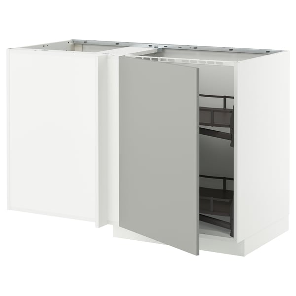 Meuble de cuisine METOD blanc avec façades havstorp gris clair et étagères coulissantes. Design carré et moderne.