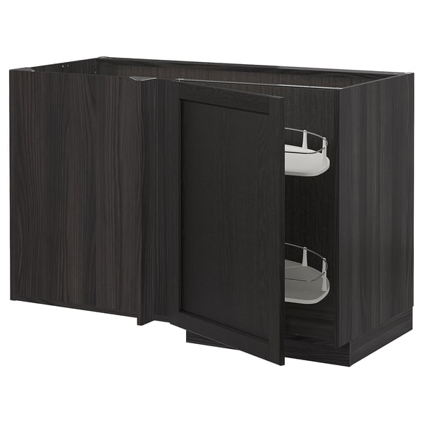 Armoire de cuisine moderne en bois noir avec deux portes ouvertes montrant des étagères en fil de fer.