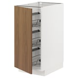 Armoire de cuisine METOD blanche avec porte en bois, étagères en fil métallique et paniers lisses.