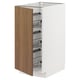 Armoire de cuisine METOD blanche avec porte en bois, étagères en fil métallique et paniers lisses.