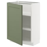 Armoire METOD, gris-vert, minimaliste moderne, étagères réglables, cadre blanc, charnière apparente.