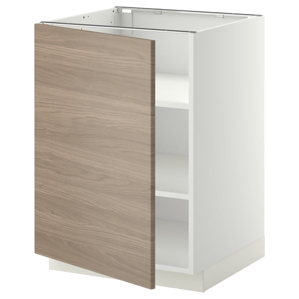 Il s’agit d’une armoire de cuisine IKEA METOD avec une palette de couleurs marron et blanc, avec un motif de grain de bois sur la porte latérale gauche et une charnière en métal.
