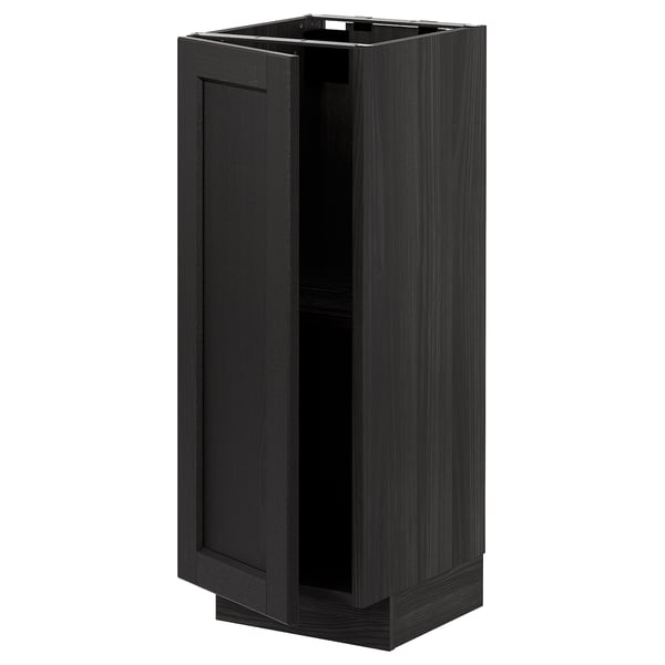 Armoire de cuisine noire avec porte simple, forme carrée, texture grain de bois.