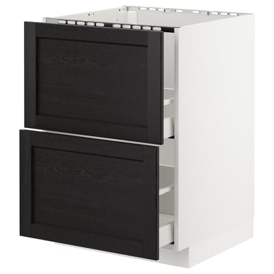 Façades de tiroirs en bois teinté noir, base d’armoire blanche, rangement de cuisine moderne.