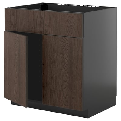 Armoire de cuisine ikea METOD en bois foncé. Design carré et moderne avec deux portes et sans toit.