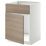 Un meuble de cuisine IKEA METOD avec des tiroirs et des portes gris clair et à motifs en bois. Il est seul, avec un tiroir partiellement ouvert.