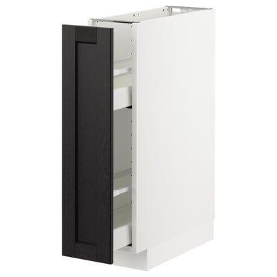 Armoire de cuisine ikea METOD blanche avec porte teintée noire, bords biseautés, façade ouverte, étagères coulissantes.