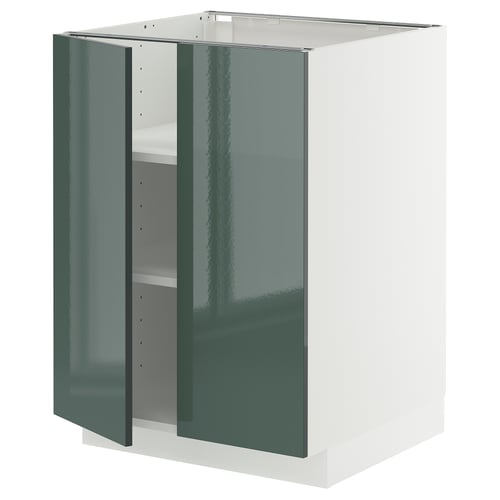 Une armoire de cuisine METOD vert brillant avec une porte ouverte, affichant des étagères réglables.