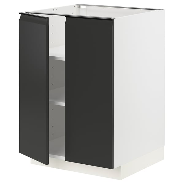 Armoire de cuisine moderne blanche et noire avec étagères réglables et charnières nickelées.