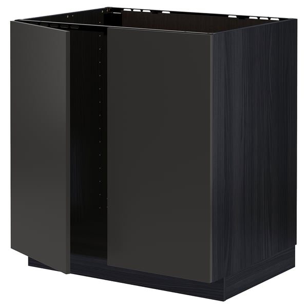 Armoire de cuisine noire METOD, design moderne, forme carrée, panneau de texture de bois.