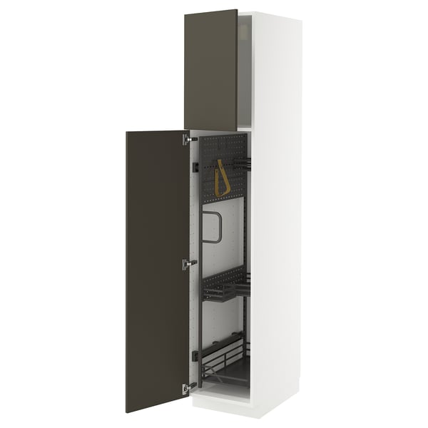 Armoire METOD blanche avec côtés noirs, portes ouvertes, charnières en acier, sangle en polyester.