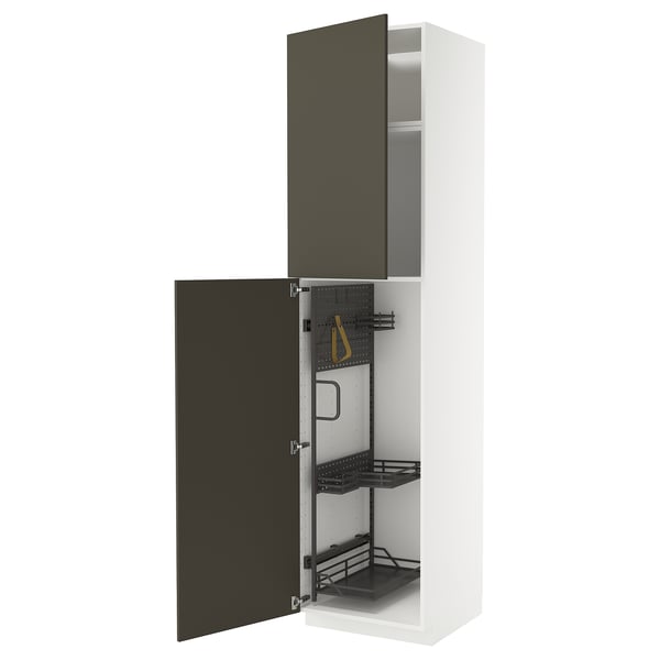 Armoire de cuisine METOD avec façades havstorp brun foncé/beige, ouverte montrant des étagères et des tiroirs.