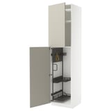 Armoire METOD blanche avec portes beiges, ouvertes, étagères intérieures en acier.