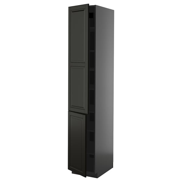 Armoire de cuisine haute noire avec 3 portes, finition brillante.
