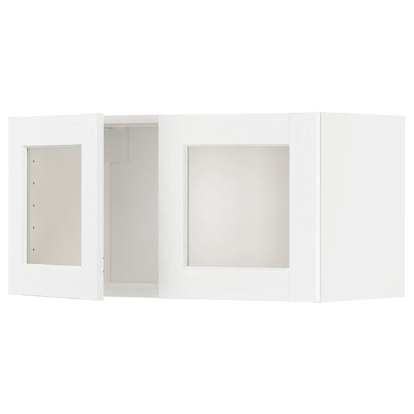 Unité de cuisine METOD blanche avec portes en verre, montrant les détails de la porte et des charnières.