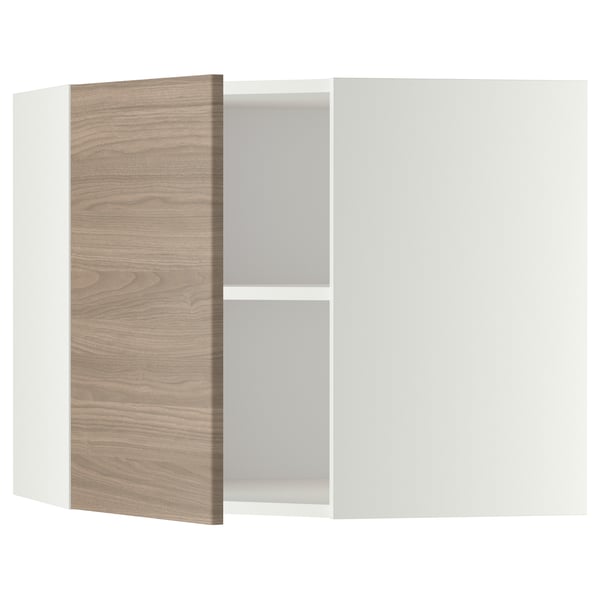 Une armoire de cuisine moderne avec une porte en bois clair et un extérieur blanc. Il s’agit d’une étagère fixe et réglable à l’intérieur.