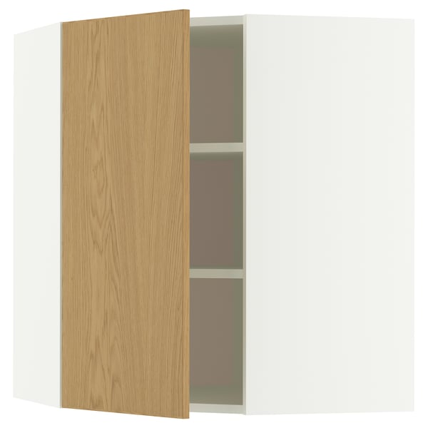 Armoire d’angle METOD avec étagères réglables, placage blanc et effet chêne, rectangulaire, design minimaliste.