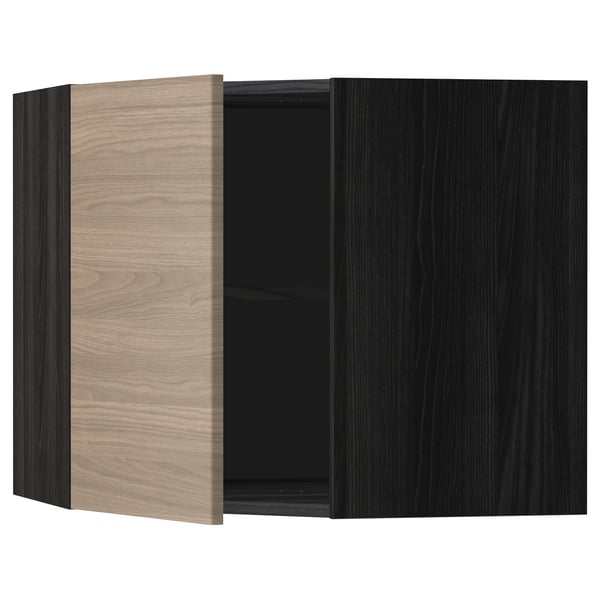 Une armoire de cuisine moderne en bois noir et clair du système ikeas METOD. Il s’agit d’un design bicolore avec une forme carrée élégante et des étagères réglables.