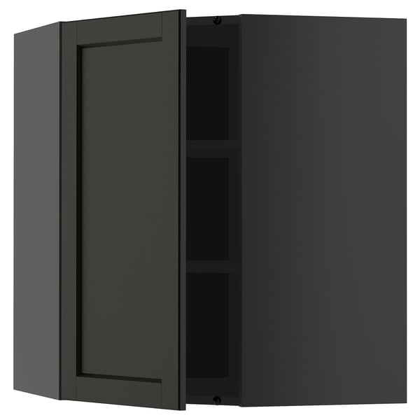 Armoire de cuisine ouverte vert foncé, montrant les étagères.