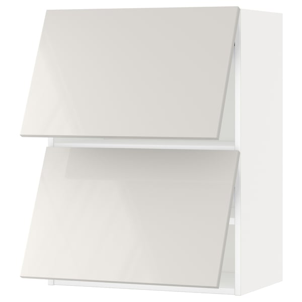 Armoire murale moderne blanche, brillante, design rectangulaire élégant, avec deux étagères à l’intérieur.