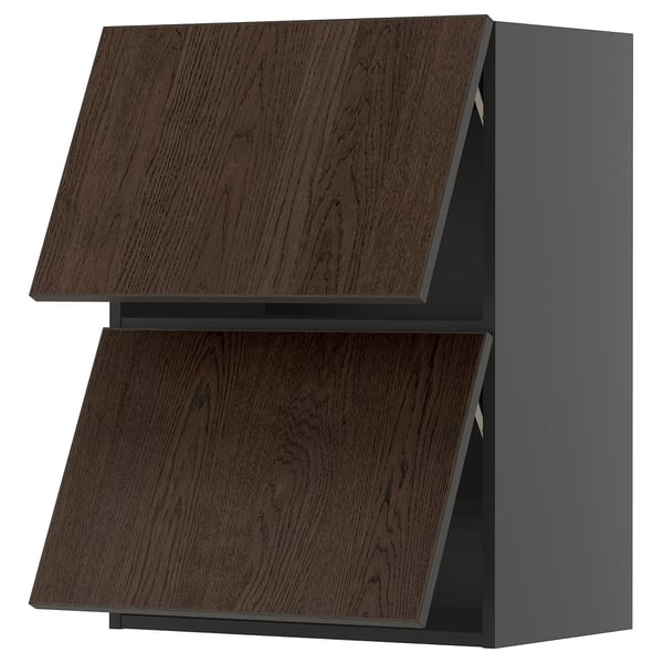 Armoire de cuisine brun foncé avec texture de grain de bois et design incliné.