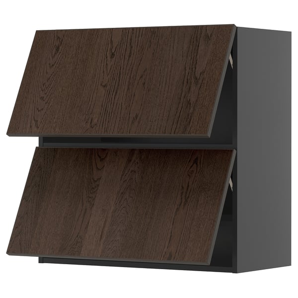 Unité de cuisine moderne, grain de bois brun foncé, deux portes d’angle, design élégant.