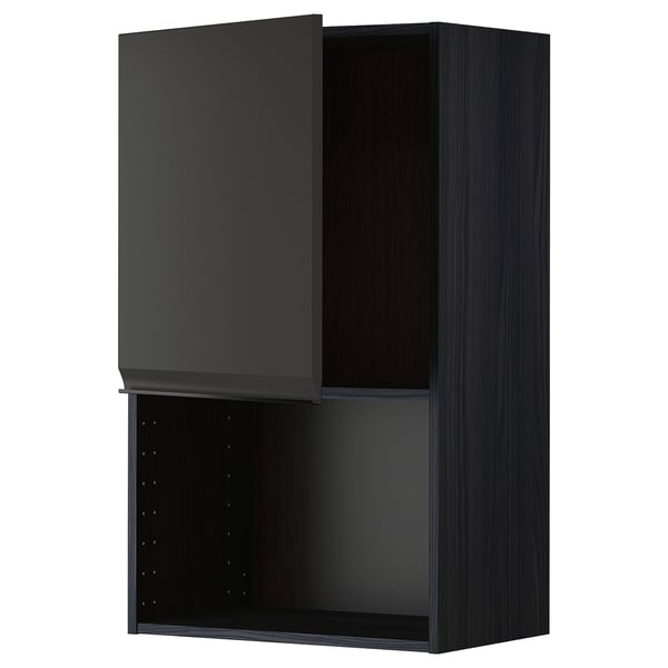 Armoire de cuisine noire avec porte ouverte mettant en valeur le rangement. Design moderne, finition mate.