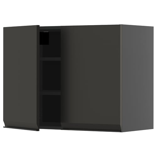 Armoire minimaliste moderne gris foncé avec deux étagères, une porte ouverte et des poignées élégantes.