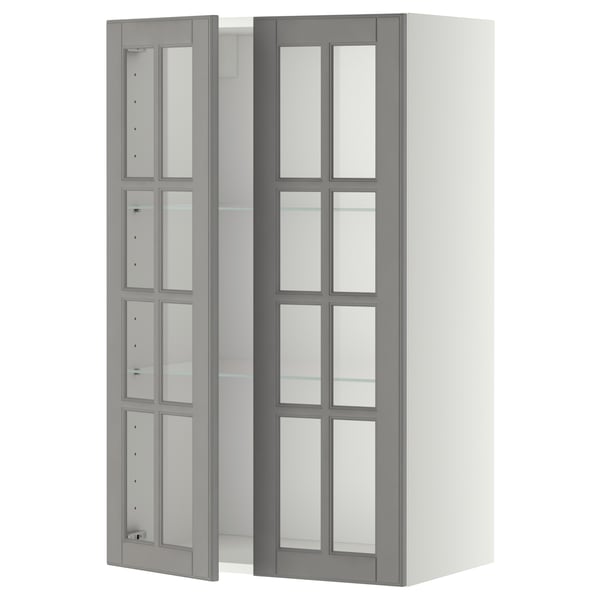 Armoire de cuisine Ikea METOD, portes en verre gris, rectangulaires, robustes avec bords biseautés.