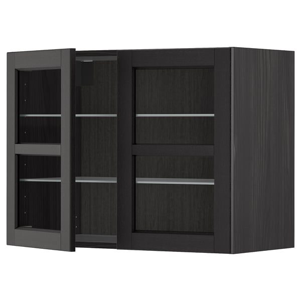 Armoire de cuisine noire METOD avec portes vitrées, bois de frêne foncé, rectangulaire, design moderne, étagères réglables.
