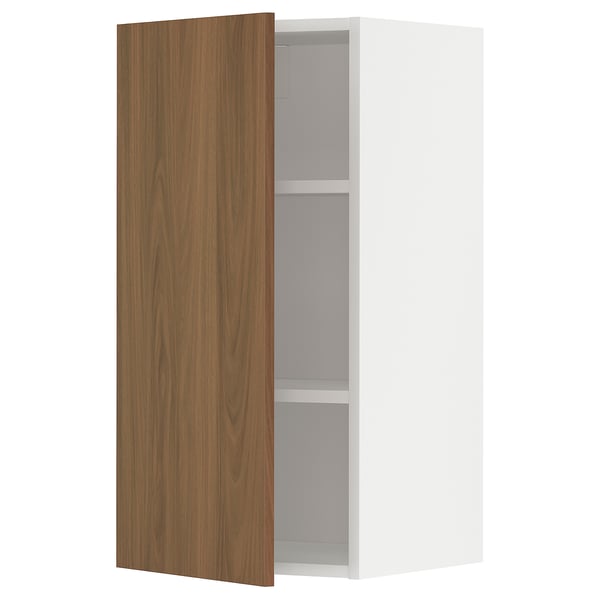 Armoire de cuisine moderne, blanche avec porte en noyer, étagère réglable, charnière en nickel.