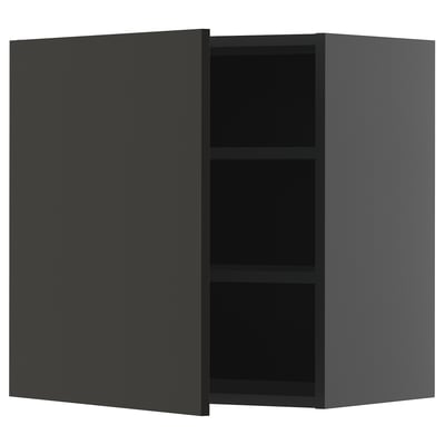 Armoire murale grise moderne avec deux étagères, une porte ouverte, une fermée.