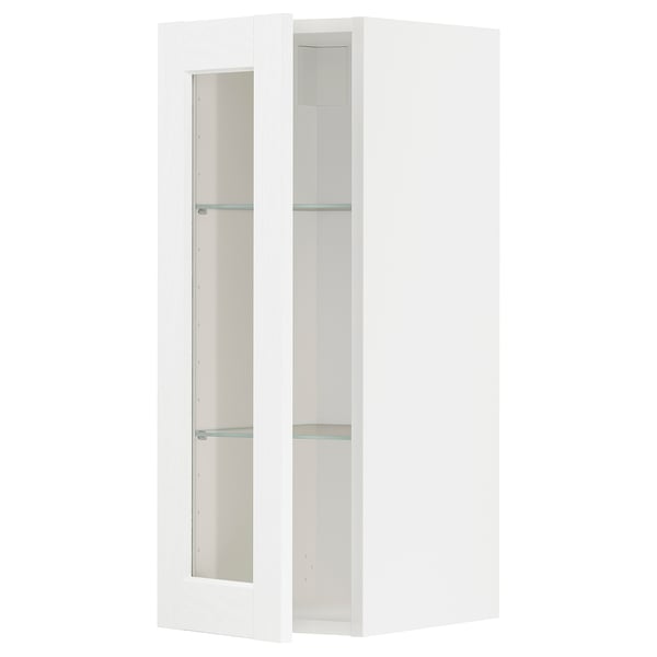 Armoire de cuisine METOD, blanche, portes vitrées, forme rectangulaire, design moderne.