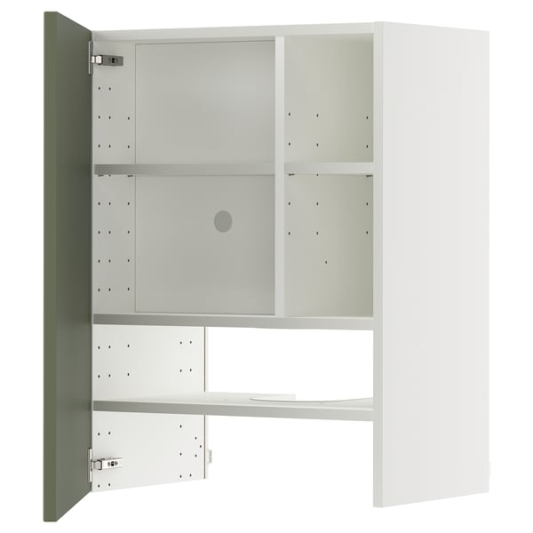 Armoire de cuisine METOD en gris-vert, avec trois étagères et des portes ouvertes.